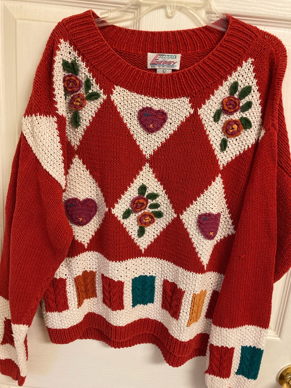 Vintage Red Floral Heart Argyle Crewneck Sweater